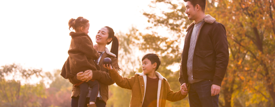 Family taking a walk on an autumn day