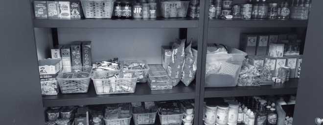 Food pantry shelf filled with items at Nexus-PATH