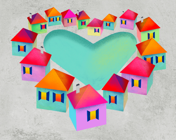 illustration of colorful homes surrounding a heart-shaped lake