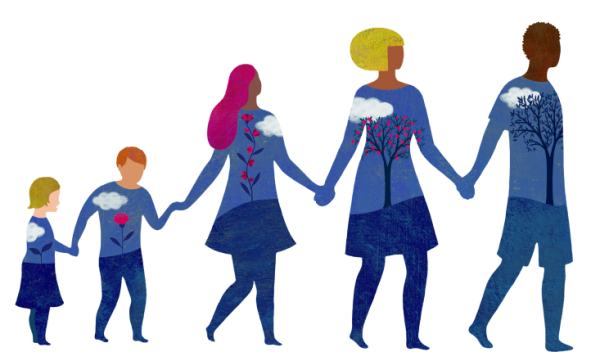 Illustration of a family of four holding each other